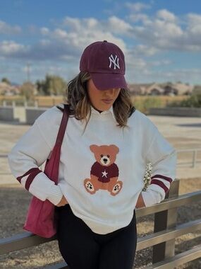 Cozy Teddy Crewneck Sweater - White with Burgundy Accents